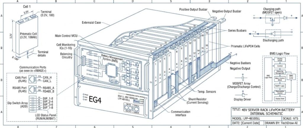 Internal components schematic of the best 48V server rack LiFePO4 battery for cabins, highlighting the BMS and cells.