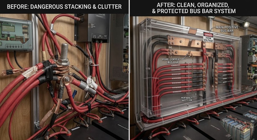 The organizational benefit of using the best solar bus bar for high amperage battery banks compared to messy terminal stacking.