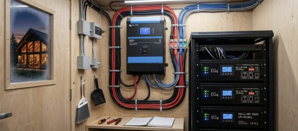 A professional installation of the best 48V server rack LiFePO4 battery for cabins in a tidy utility space.