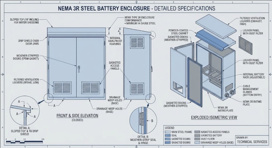 A technical drawing of the best server rack battery enclosure for off-grid solar, highlighting NEMA 3R features.