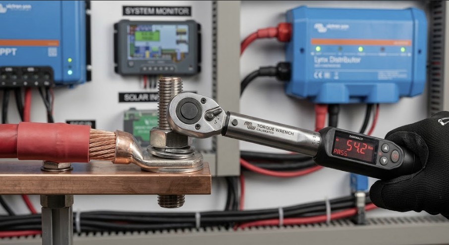 Applying correct torque to the best solar bus bar for high amperage battery banks to ensure a secure connection.