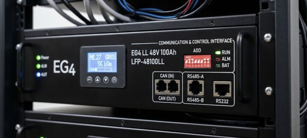 Detail of BMS communication ports on the best 48V server rack LiFePO4 battery for cabins, essential for inverter integration.