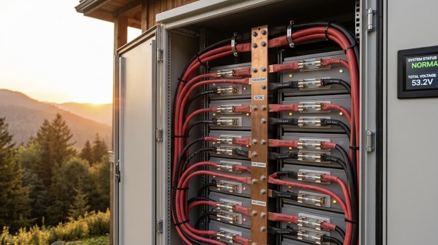 Clean and safe wiring inside the best server rack battery enclosure for off-grid solar.