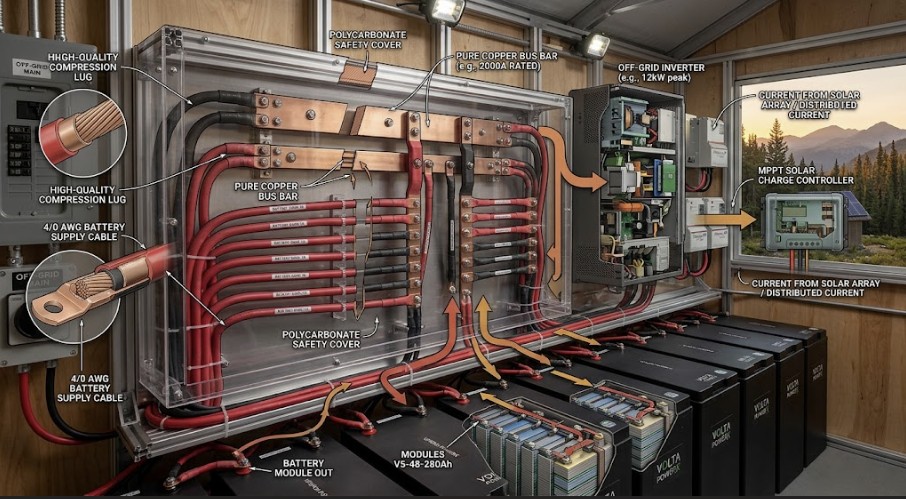 A technical diagram showing the best solar bus bar for high amperage battery banks distributing power.
