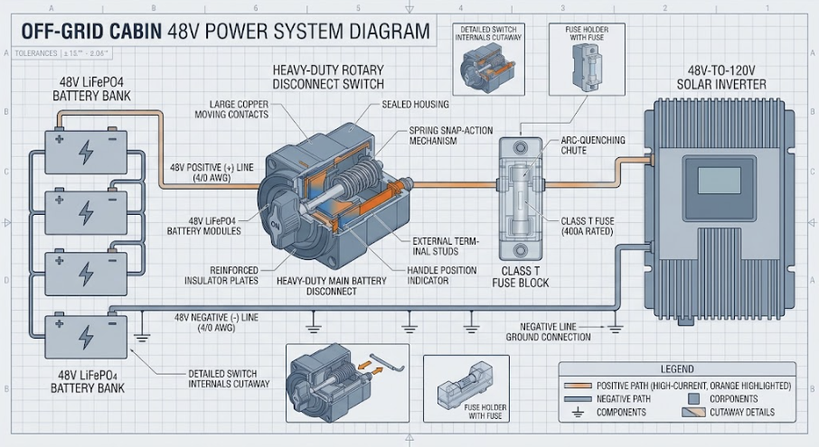 Wiring diagram showing the best heavy duty battery disconnect switch 12V 24V 48V in a solar system.