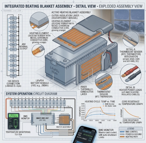 Technical diagram of the best battery heating blanket for cold weather solar installed on a LiFePO4 battery.