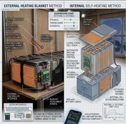 Comparison of a best battery heating blanket for cold weather solar versus an integrated self-heating battery.