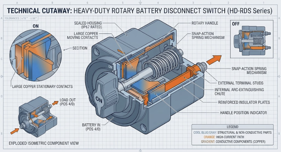 Internal components of a heavy duty battery disconnect switch showing copper contacts.