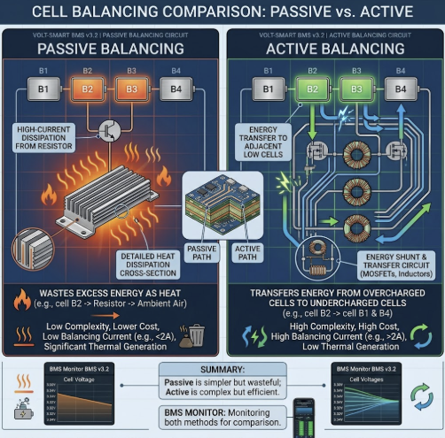 Comparison of passive and active balancing mechanisms in the best smart BMS for custom LiFePO4 battery builds.