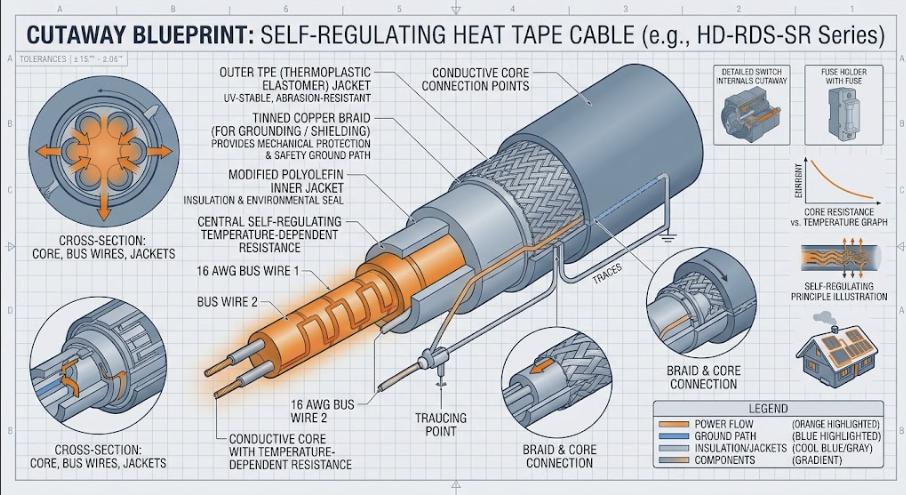 Technical cross-section of the best solar panel heat tape for snow removal showing its self-regulating core.