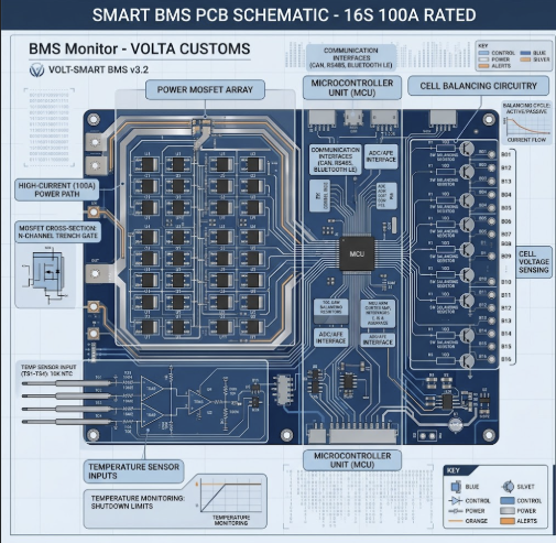 A detailed schematic showing the internal components of the best smart BMS for custom LiFePO4 battery builds.