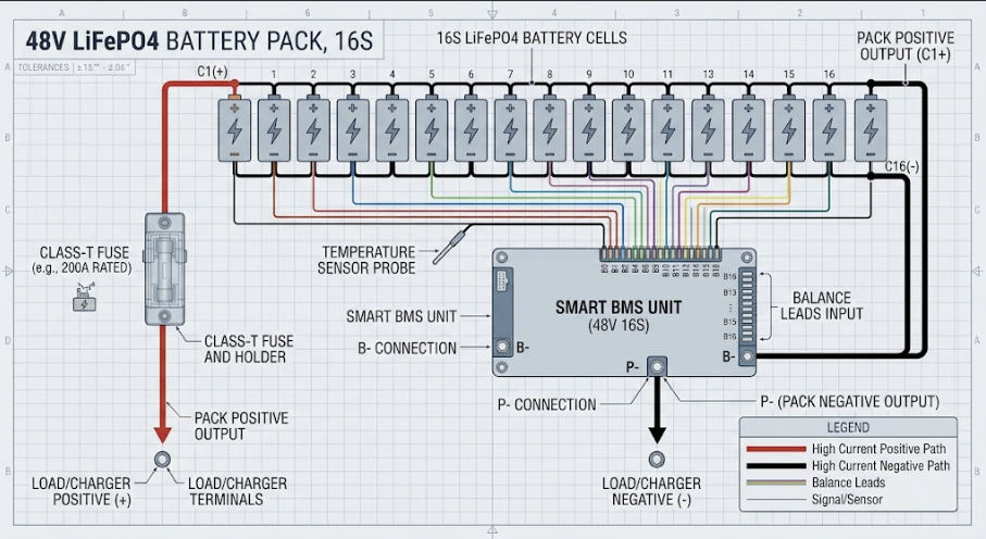 A clear wiring diagram for installing the best smart BMS for custom LiFePO4 battery builds.