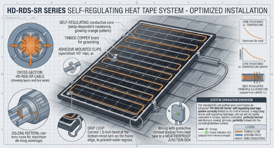 Proper installation diagram for the best solar panel heat tape for snow removal on a PV module.