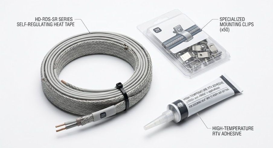 Components of the best solar panel heat tape for snow removal kit, including the cable and mounting clips.