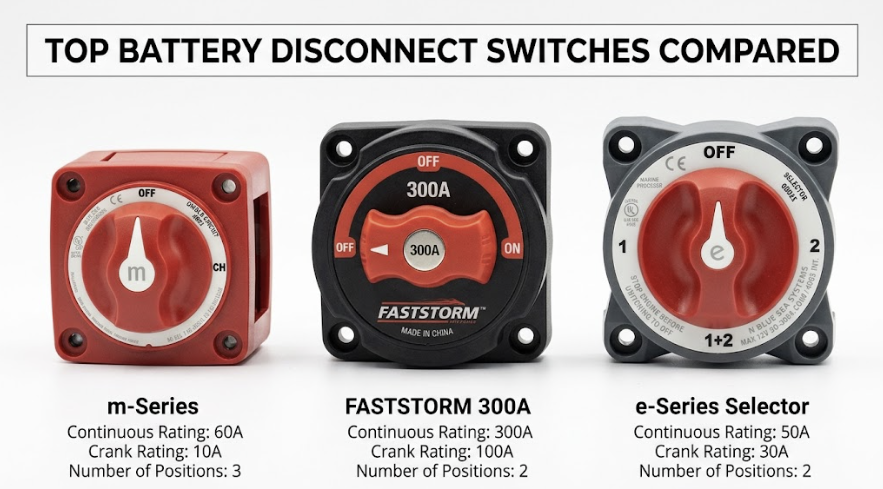 Comparison of the best heavy duty battery disconnect switch 12V 24V 48V models.